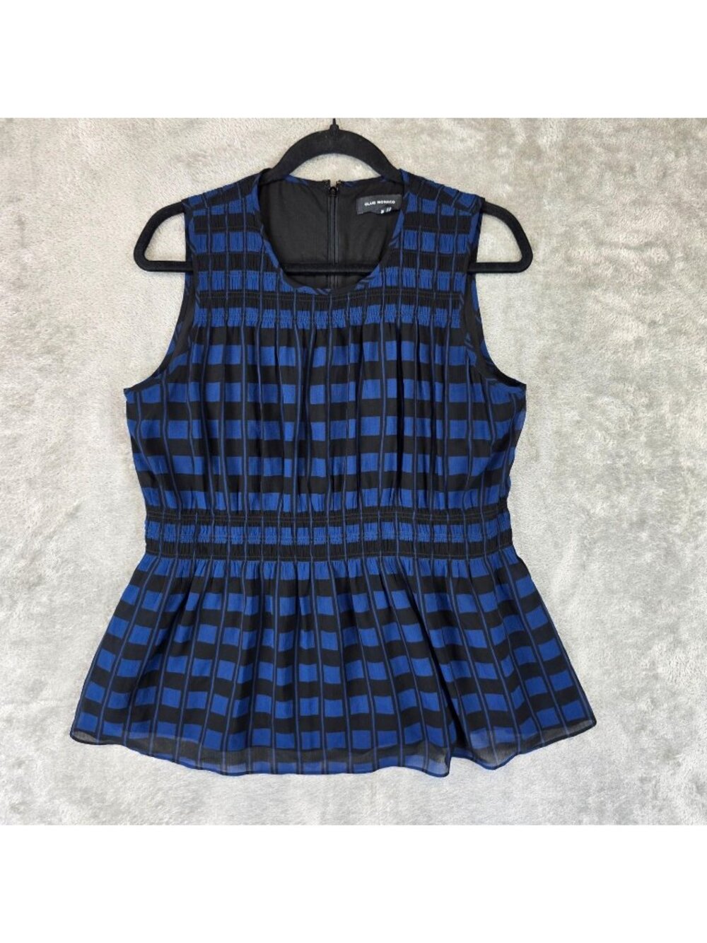Club Monaco Blouse Womens M Blue Round Neck Sleeveless Geometric Peplum Top